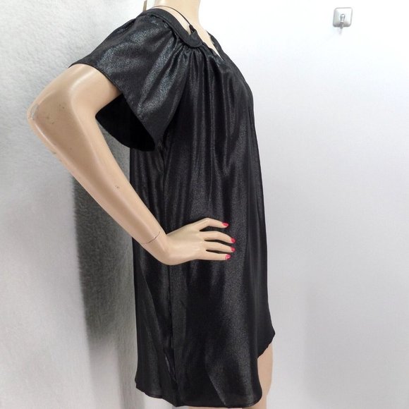 "LOFT" BLACK SHIMMER COLD SHOULDER SWING TRAPEZE MINI METALLIC DRESS SZE: MP NWT - Picture 5 of 6